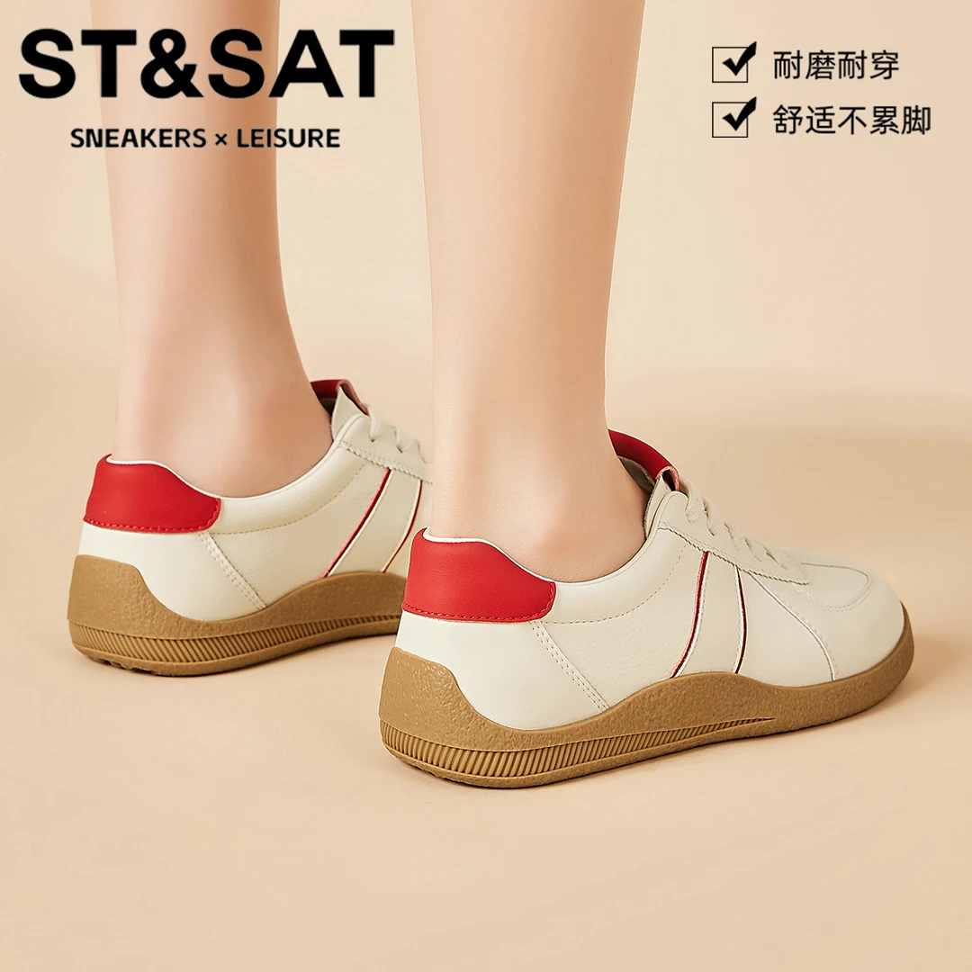 星期六真皮拼色单鞋女2025新款平底防滑阿甘鞋时尚不累脚德训鞋女