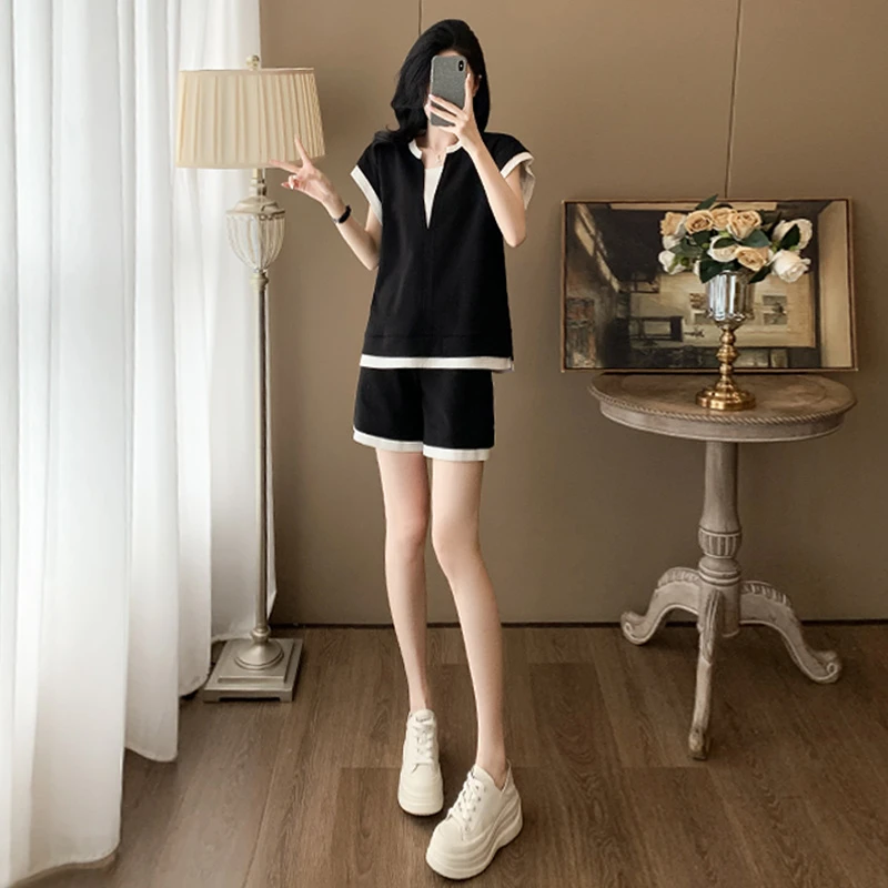 高级感短裤时尚休闲套装夏季新款洋气网红拼接短袖短裤显瘦两件套