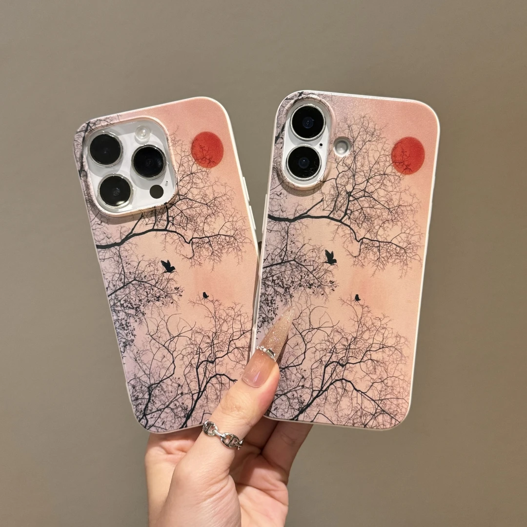 小众暮枝飞鸟亮面果冻适用苹果iPhone16/13/14/15手机壳防摔软