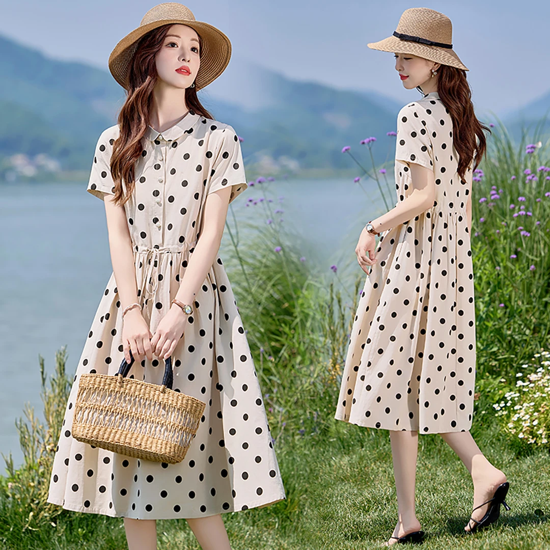 【典雅】夏季新款优雅气质中长款时尚休闲小翻领修身波点连衣裙502