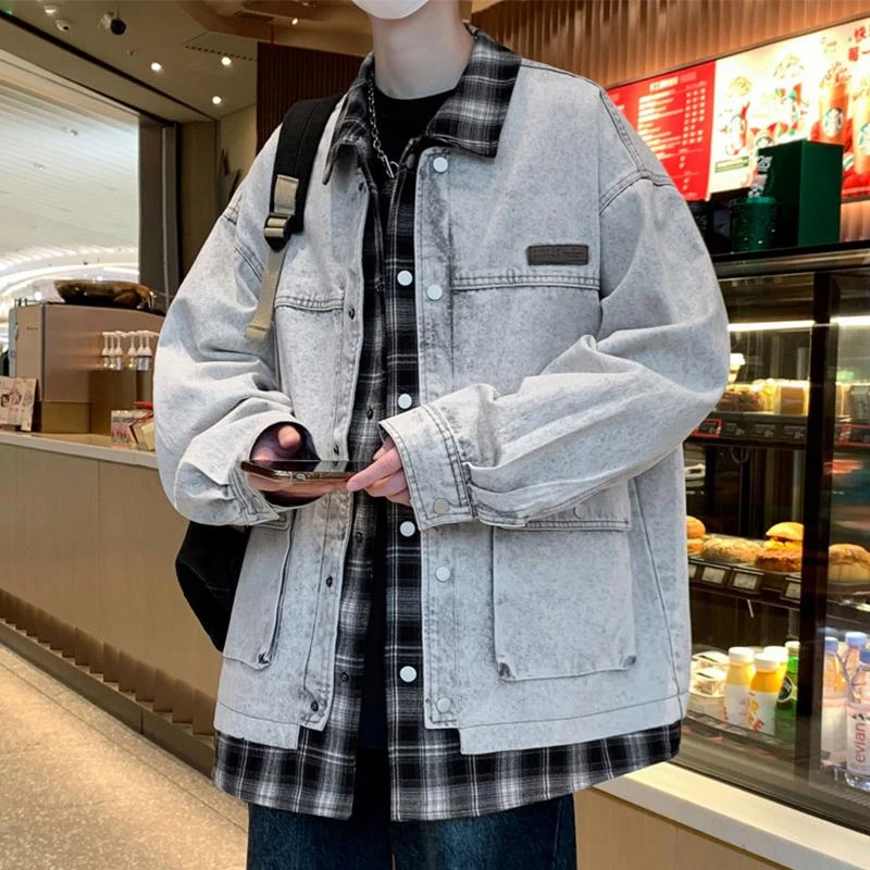 假两件牛仔外套男2025年新款衬衫型夹克男春秋季潮牌格子拼接褂子