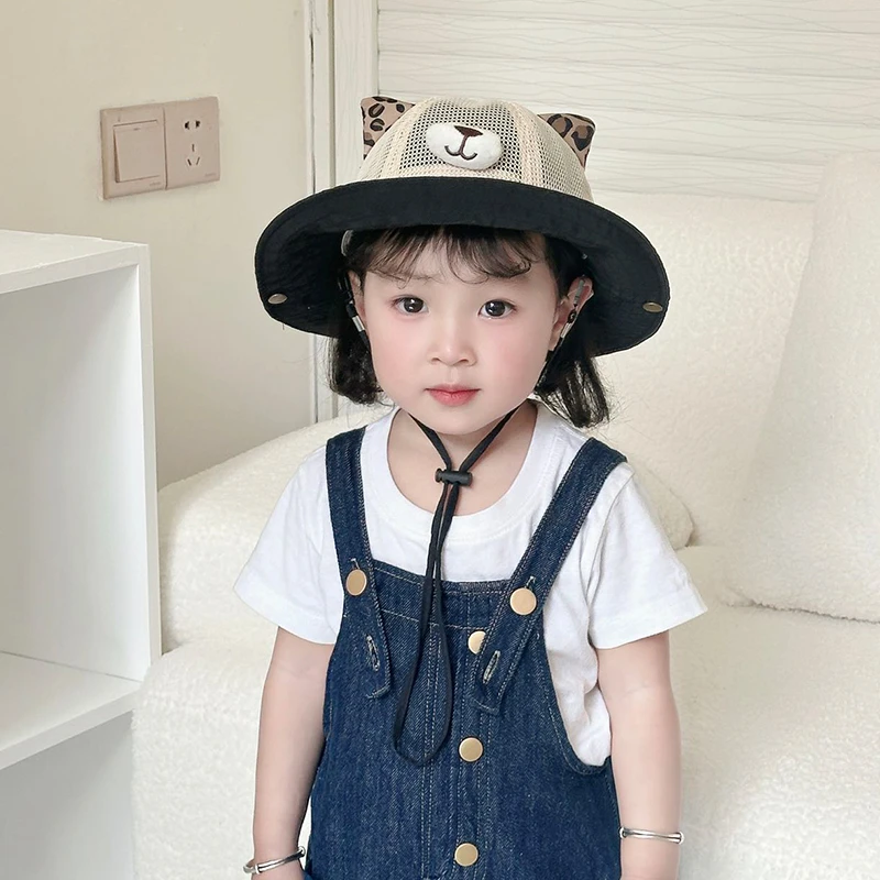 儿童网眼渔夫帽春夏薄款可爱小熊宝宝帽子小孩防晒遮阳帽男童女童