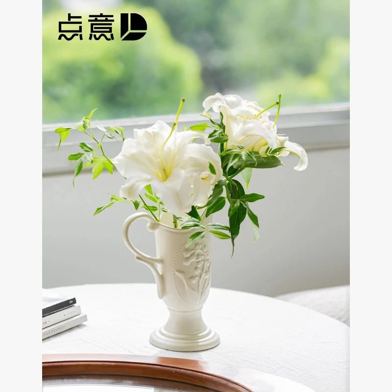 白色提手铃兰浮雕花瓶复古风艺术居家艺术大口径精致高颜值冷水壶