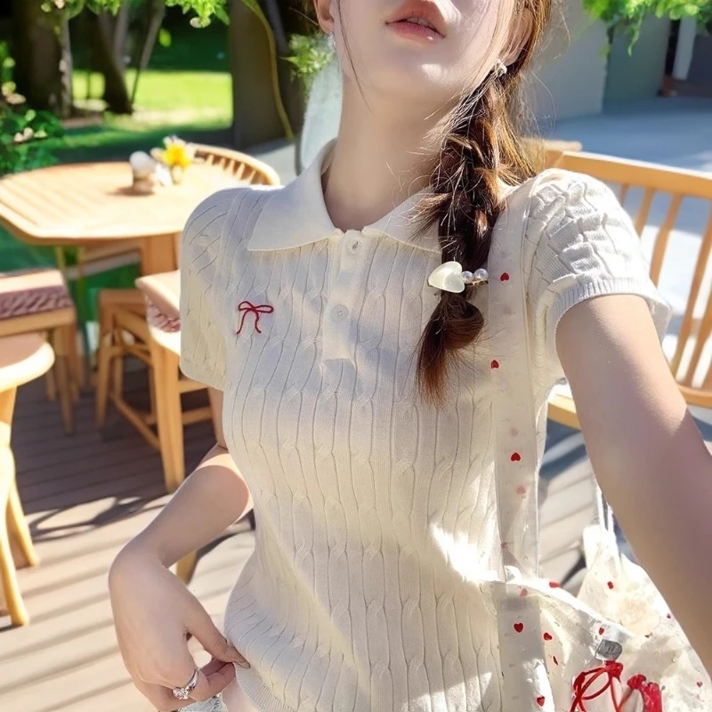 韩系甜美蝴蝶结麻花设计感POLO领针织T恤女2025夏季修身辣妹上衣