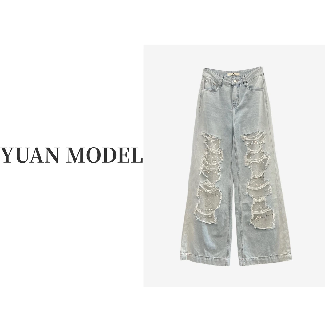 【YUAN MODEL】媛老板-时装原创蕾丝破洞休闲牛仔裤长裤女装042926