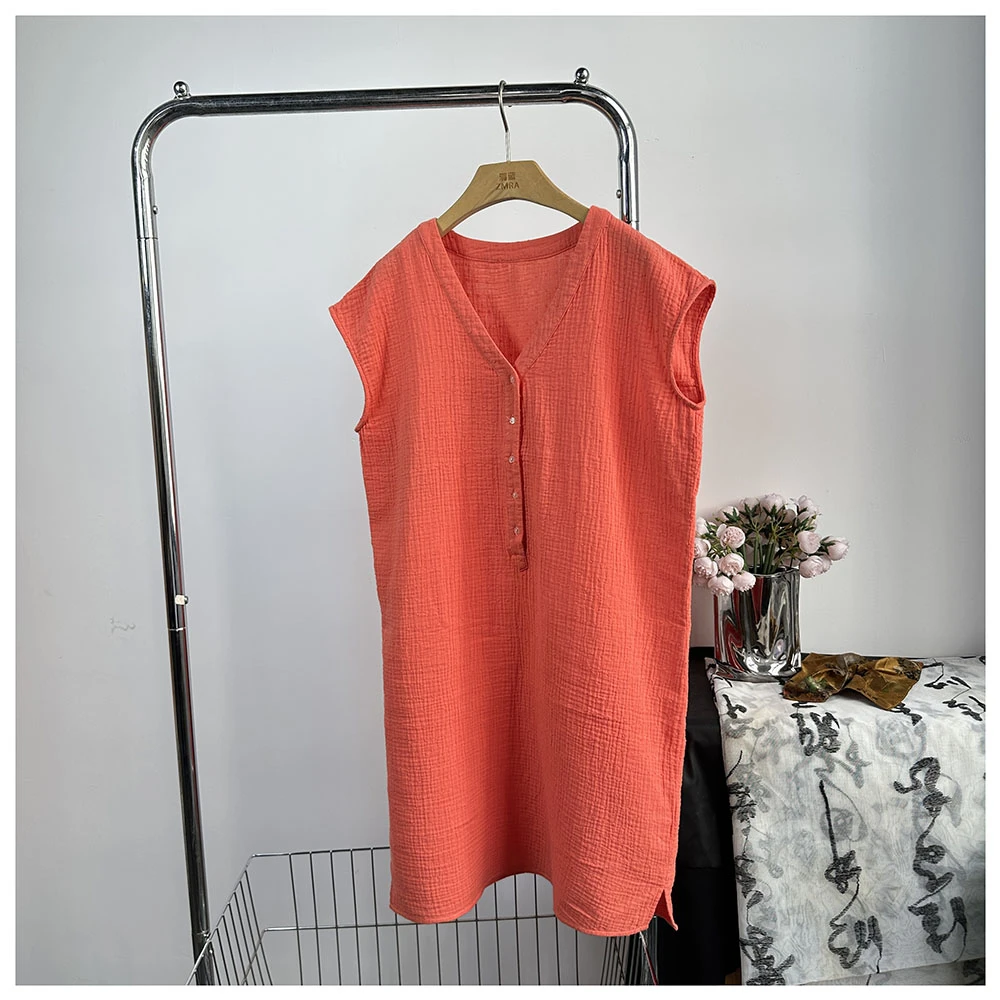 Q184      夏季新款纯色宽松中长款V领无袖连衣裙女士T裙