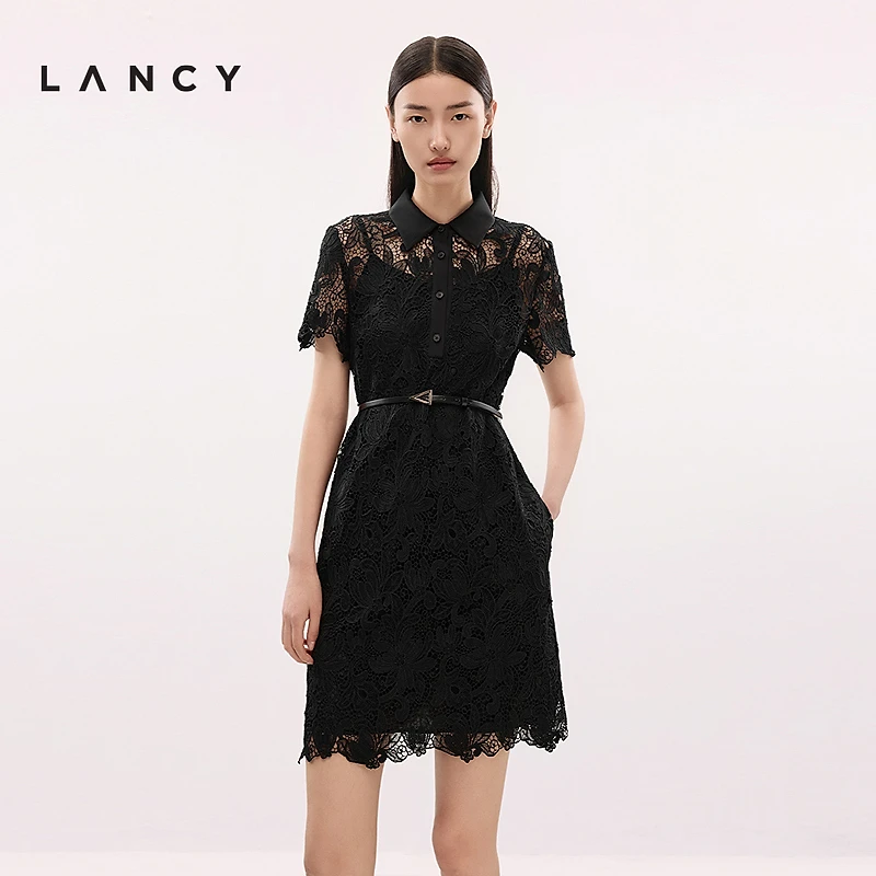 LANCY/朗姿2025夏季新款优雅蕾丝收腰气质高级感A字短款连衣裙女