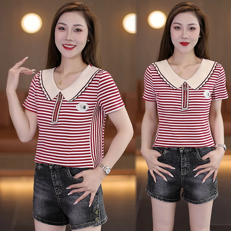 时尚短袖夏季百搭休闲气质洋气娃娃领耐磨条纹韩版减龄显瘦t恤