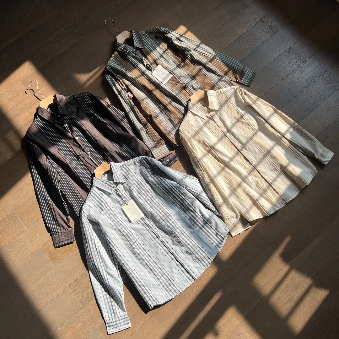 春季设计感小众拼接长袖衬衫情侣款百搭韩版休闲格纹衬衣简约潮流