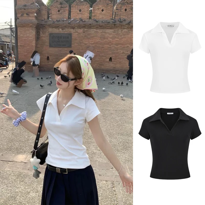Moses Queen/魔西女王美式复古POLO领正肩短袖T恤修身短款小上衣
