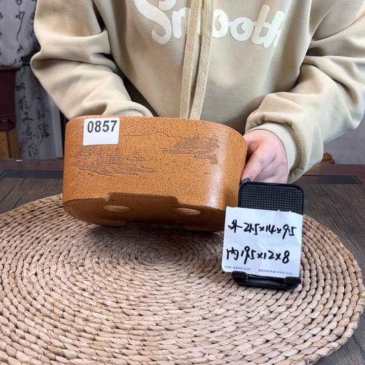 紫砂花盆柴烧山水刻绘腰圆0857