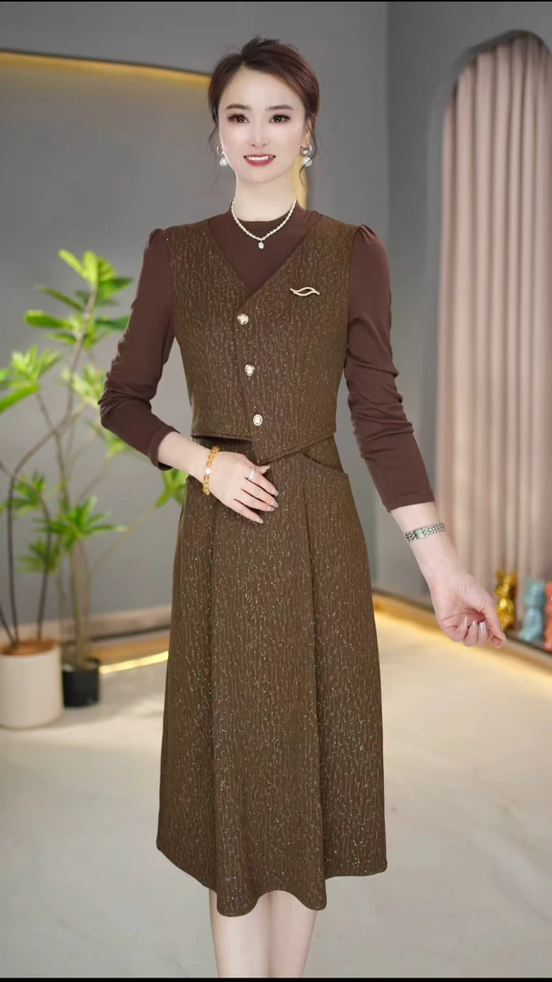 中长裙薄款圆领半高领中老年女装显瘦女装连衣裙秋冬