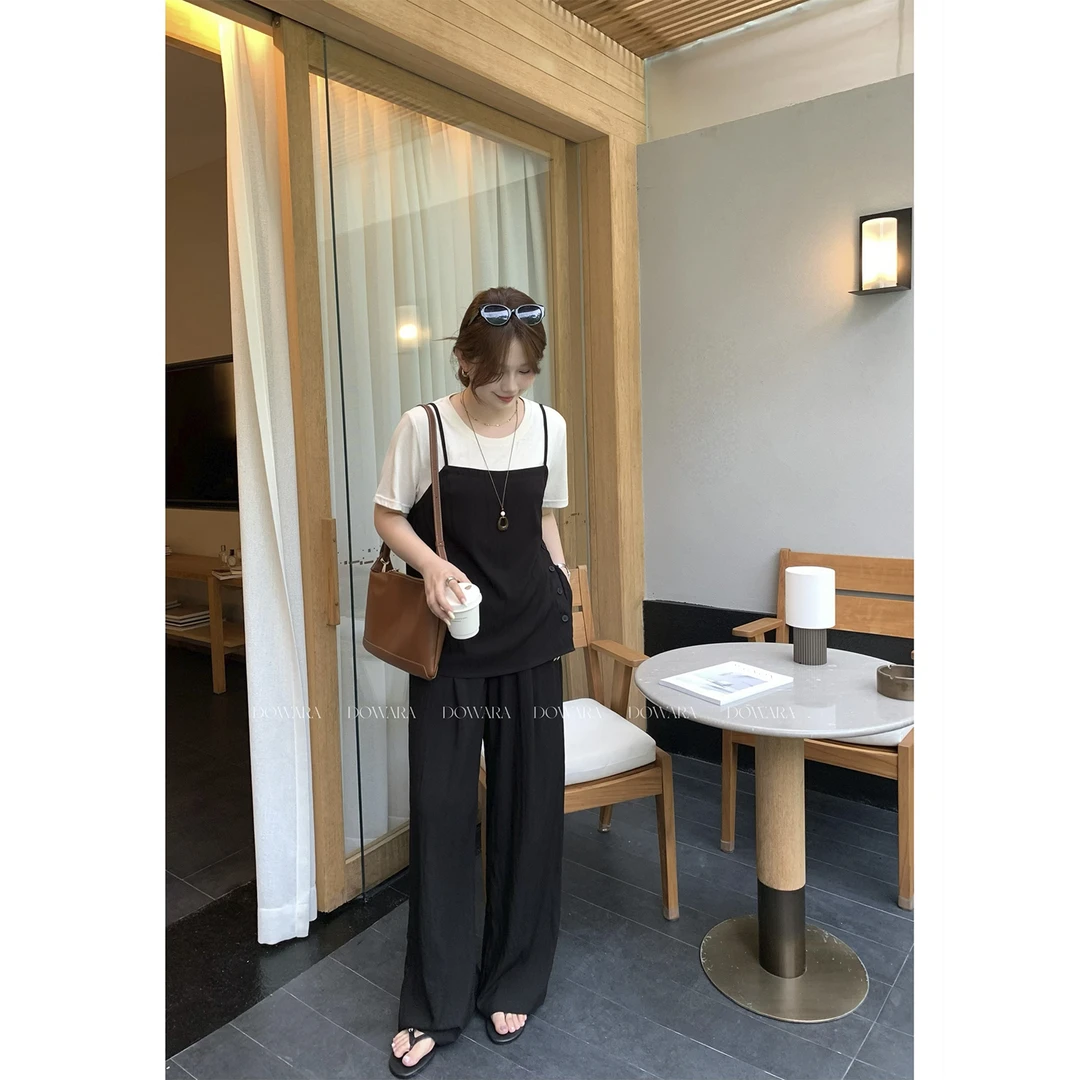 现货大婉酱微胖定制【雅丹套装】小众假两件上衣裤子两件套女9507D
