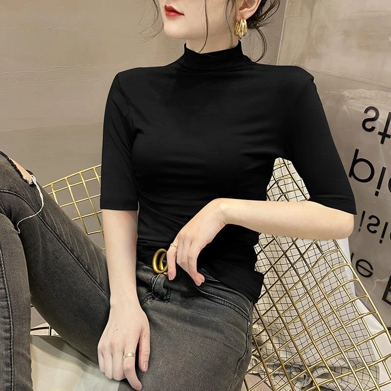 莫代尔半高领中袖T恤女2025春夏黑色五分袖针织上衣紧身打底衫秋