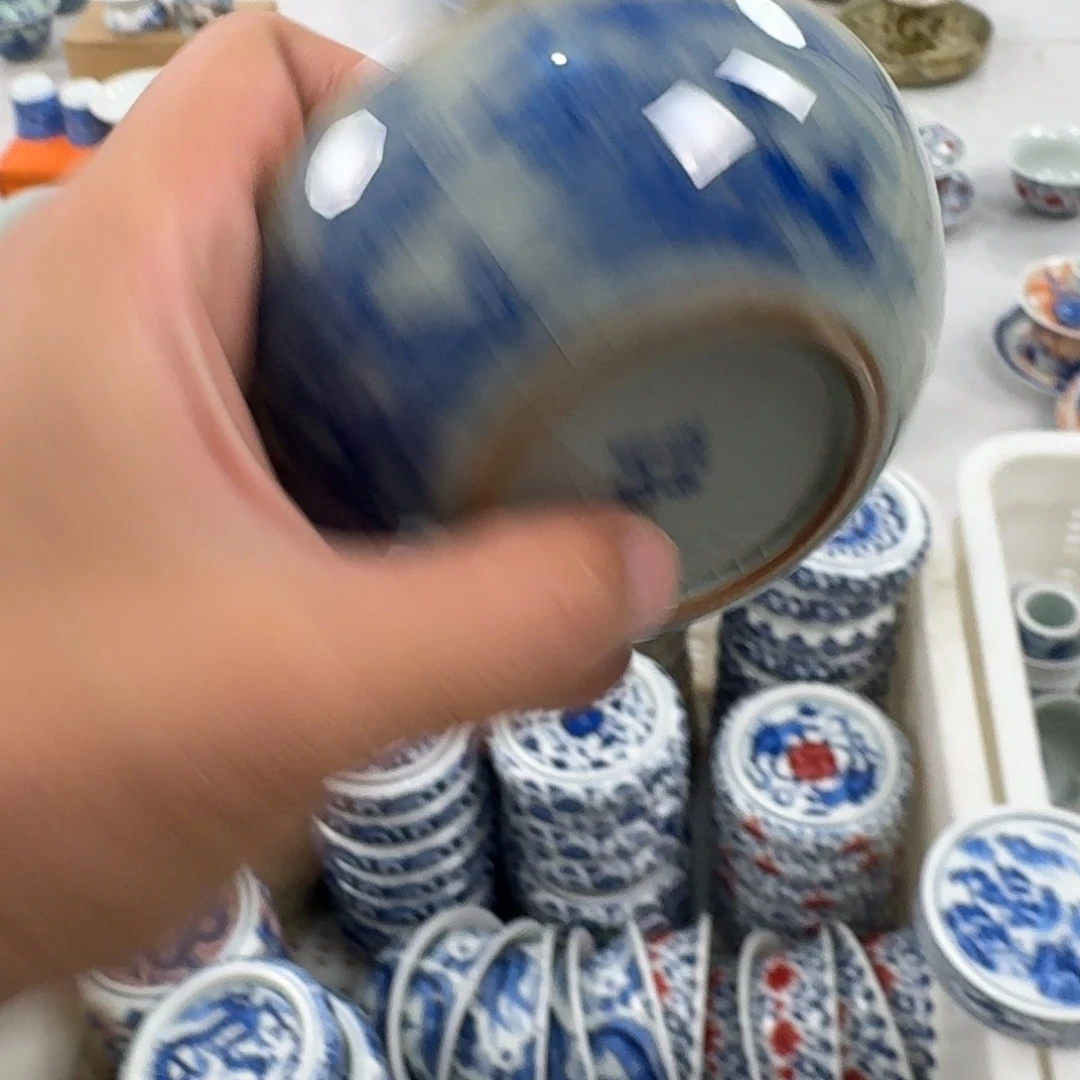 摆件老陶泥青花山水普洱杯