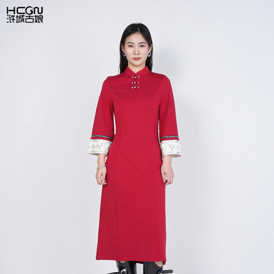 浒城古娘春季新款盘扣高贵气质女长裙子通勤忆香连衣裙HASS010073