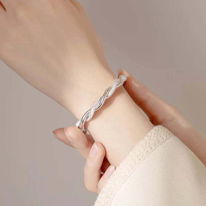 足银手镯 【551】莫比乌斯麻花足银手镯女磨砂光面开口手镯