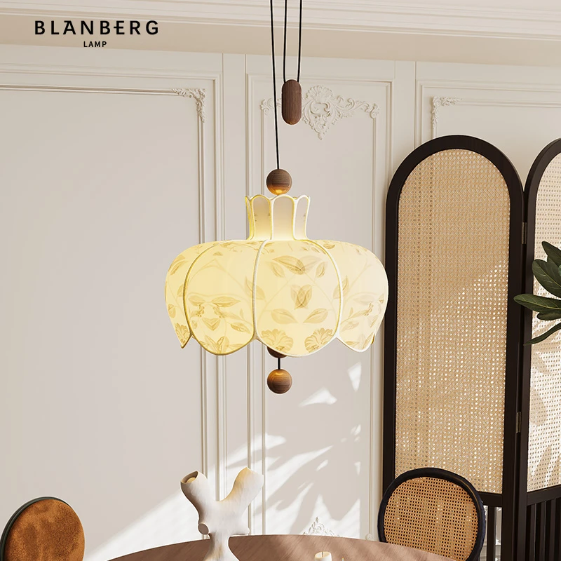 花苞布艺吊灯法式中古风氛围感饭厅灯具复古创意可伸缩摇臂餐厅灯