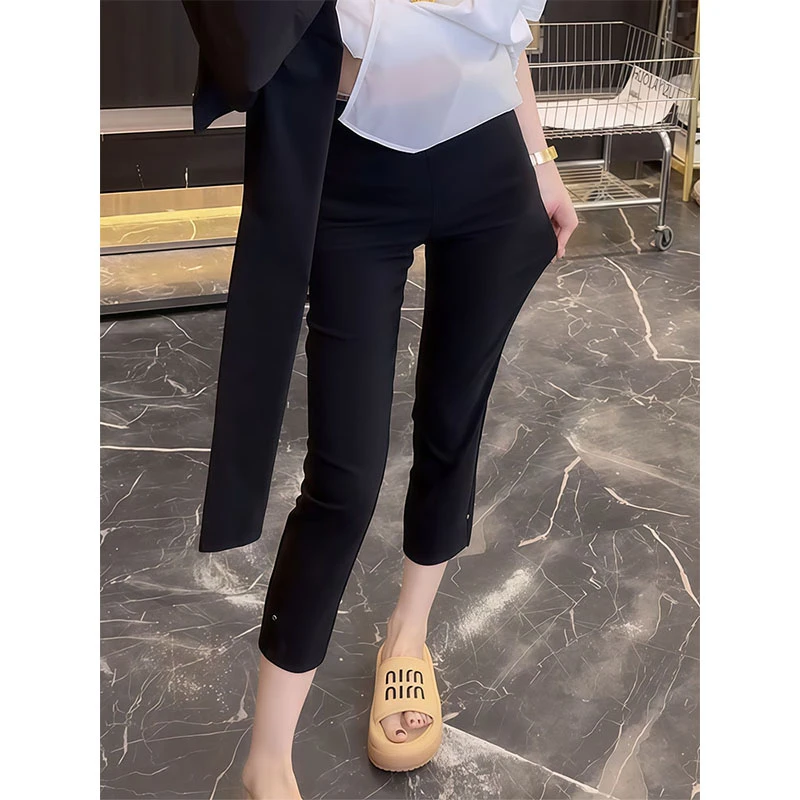 夏季薄款高腰弹力显瘦直筒小黑裤大码百搭时尚洋气开叉速干休闲裤