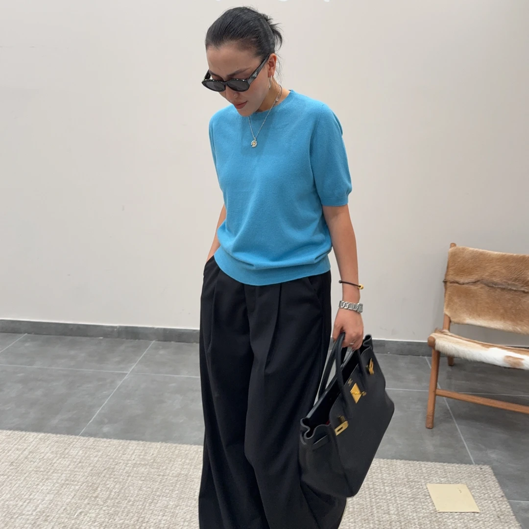 FG·STUDIO 湖蓝黑色短袖毛衫