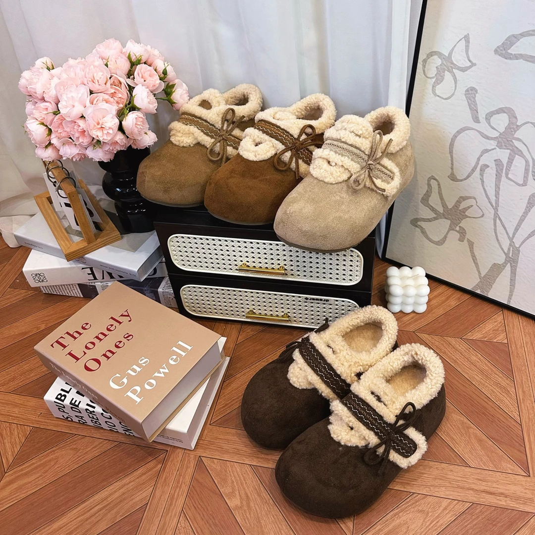 厚底韩版加绒保暖勃肯鞋2025新款蝴蝶结刺绣女鞋秋冬全包毛毛棉鞋