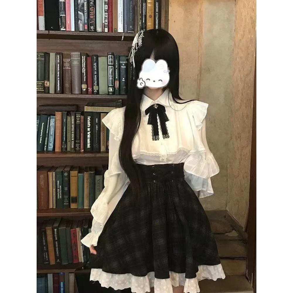 X jiu 蕾丝花边衬衫+高腰格纹半裙套装6629