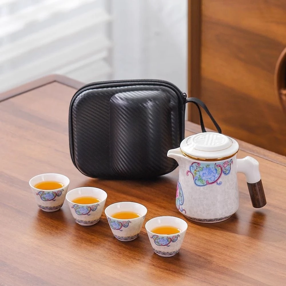 手工掐丝银珐琅旅行茶具一壶四杯3368