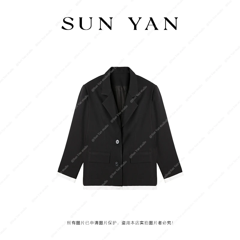 孙妍新款【梅西尼西装】时尚设计感小众拼色休闲宽松翻领西装外套