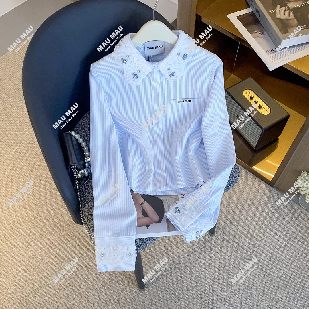 新款时尚休闲百搭衬衫气质设计感拼接宽松条纹衬衣上衣女DY9077