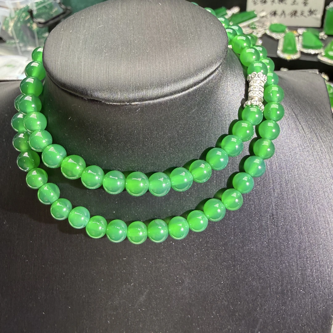 正品保真绿玛瑙项链新中式毛衣链小米珠绿色冰种玉髓玉石串