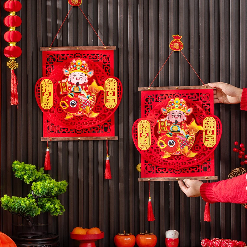 2025蛇年爆款新款春节装饰立体方木条财神爷福字高档挂饰新年装饰