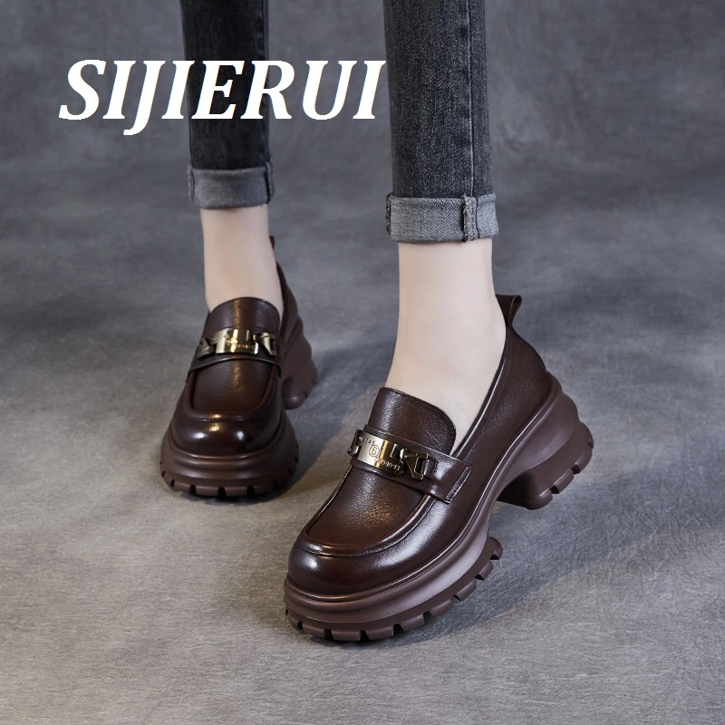 SIJIERUI乐福鞋女2025年春夏新款真皮厚底单鞋轻便休闲百搭小皮鞋