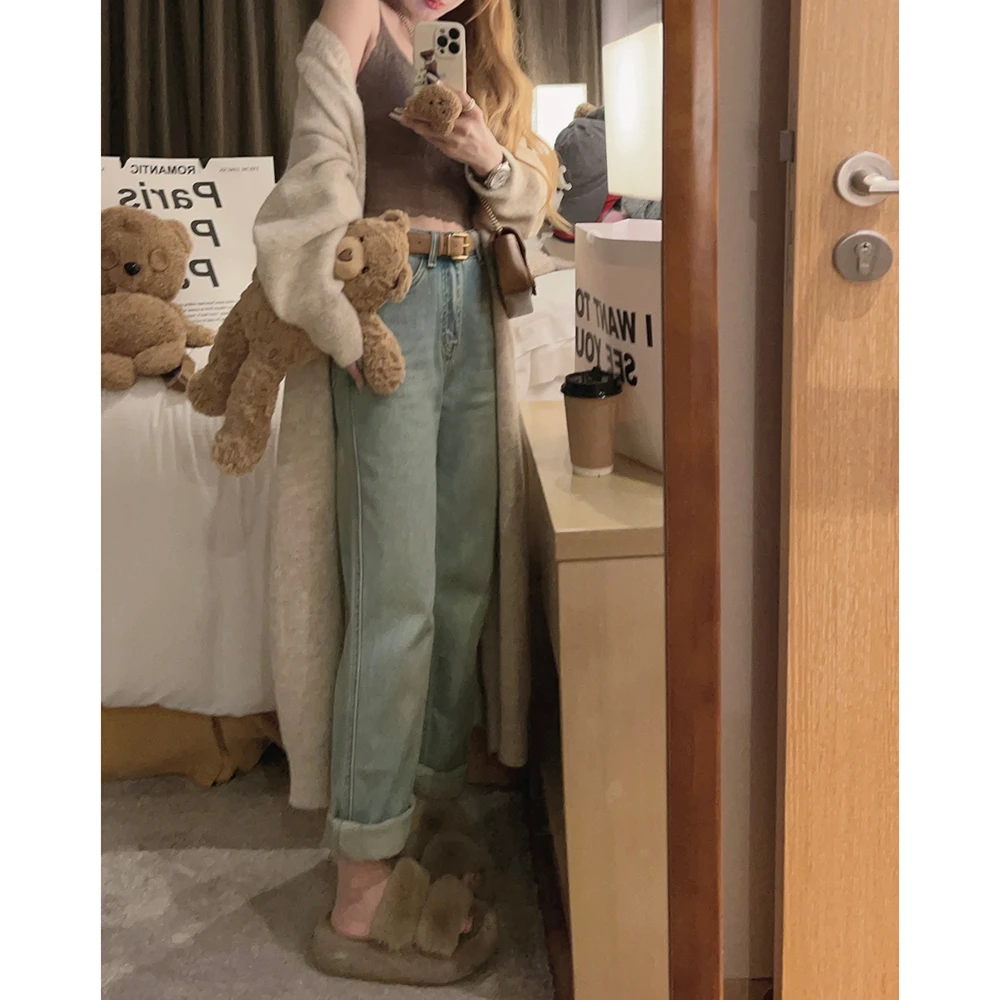 Yukiss直播 水洗蓝高腰直筒牛仔裤小个子复古水洗蓝牛仔裤A4630