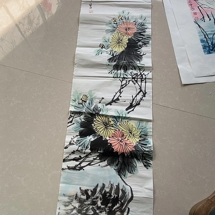 国画四尺对开手绘花鸟