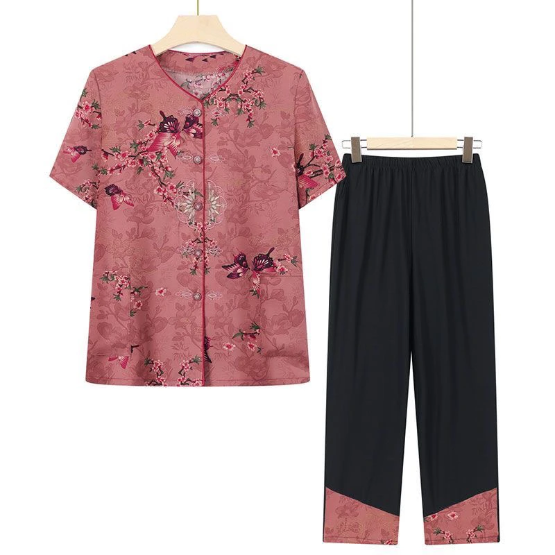 奶奶夏装套装女装妈妈短袖两件套60衣服70老太太夏季宽松开衫