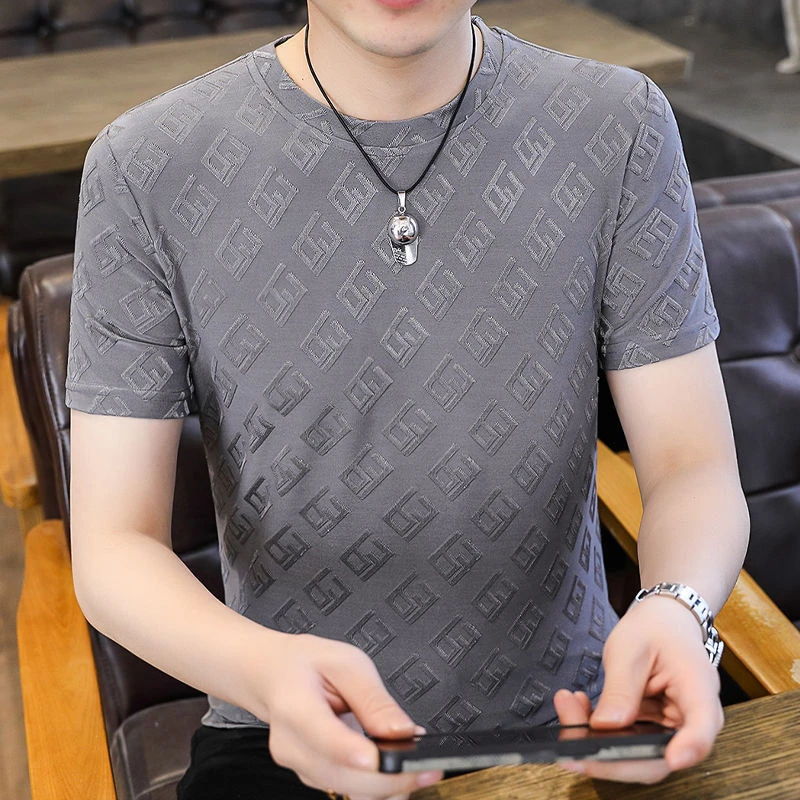 冰丝短袖男士t恤男装提花新款圆领夏季半袖薄款透气休闲百搭体恤