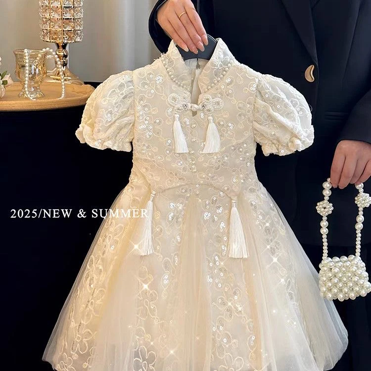 女童汉服连衣裙夏装2025新款新中式儿童女孩旗袍泡泡袖网纱公主裙