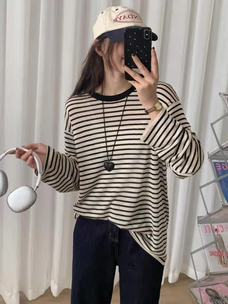 圆领长袖t恤条纹针织显瘦宽肩条纹休闲T恤休闲百搭拼接春季宽松