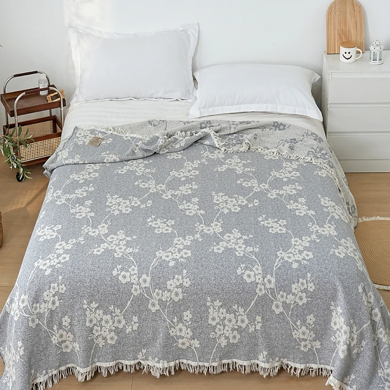 【京かわ会社】棉麻流苏枕巾一对装52*70cm 梅之物语灰