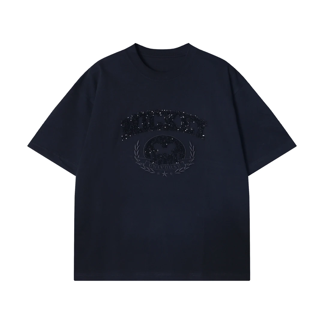 夏季高级感新款美式烫钻亮片刺绣字母圆领短袖T恤百搭宽松上衣