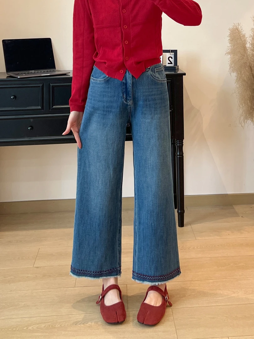 毛边刺绣牛仔裤高腰宽松直筒裤秋季休闲风显瘦胖妹妹遮肉阔腿裤女