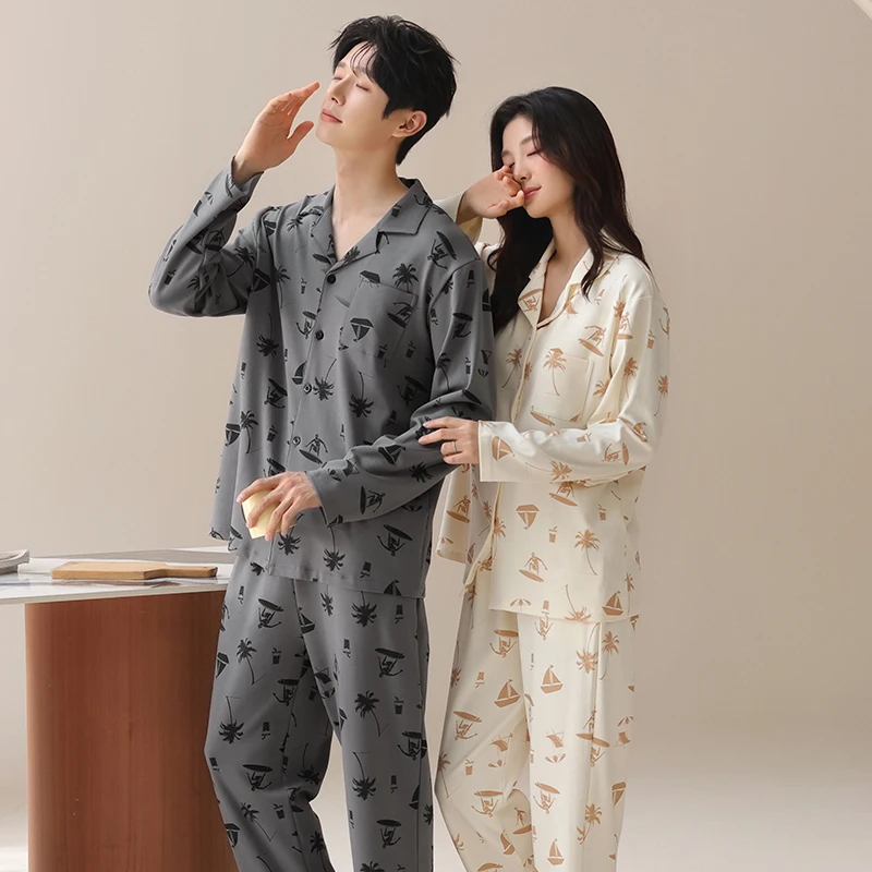 【初秋新款】【26支紧密纯棉】春秋季情侣长袖小翻领KSF家居服