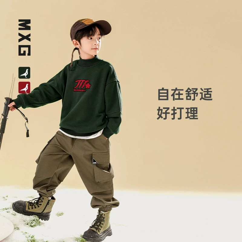 米西果男童卫衣2024秋冬新款儿童冬装加绒加厚半高领套头保暖上衣