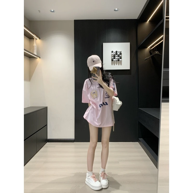 美式印花设计感球衣风圆领短袖T恤女2025夏季新款休闲宽松上衣潮