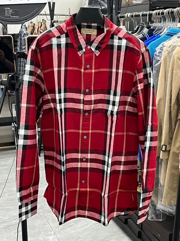 未使用 BURBERRY/博柏利 男款红色格纹口袋长袖衬衫 衬衣XL
