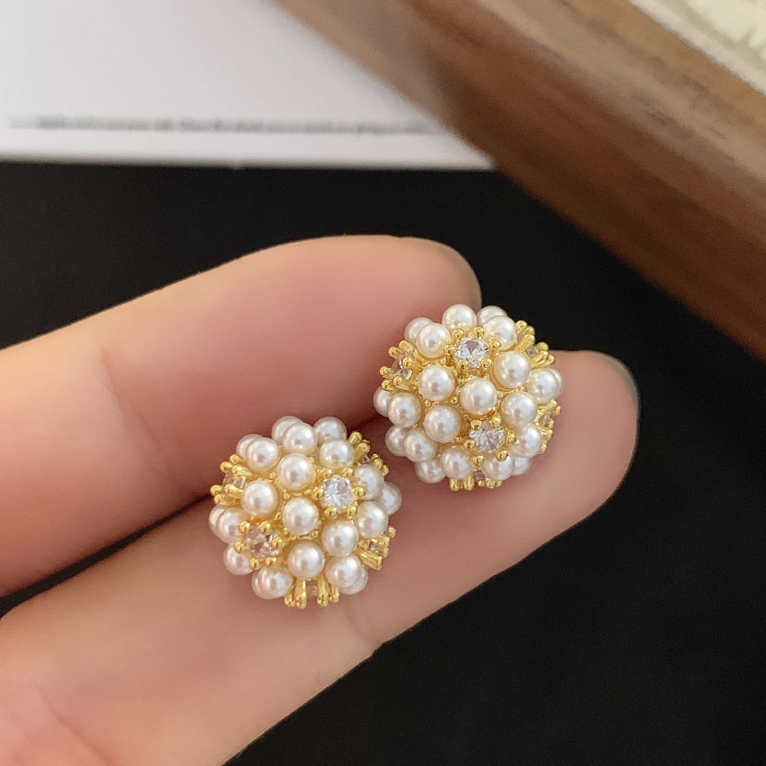 铜合金仿珍珠耳饰 镀k金「满天星」镶钻耳钉气质轻奢法式小巧众高档