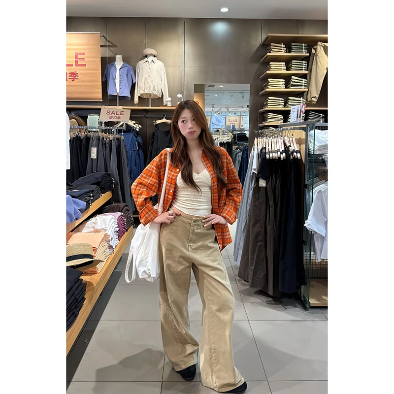 女生韩系ins衣服早秋宽松百搭防晒格子长袖衬衫背心吊带阔腿裤子