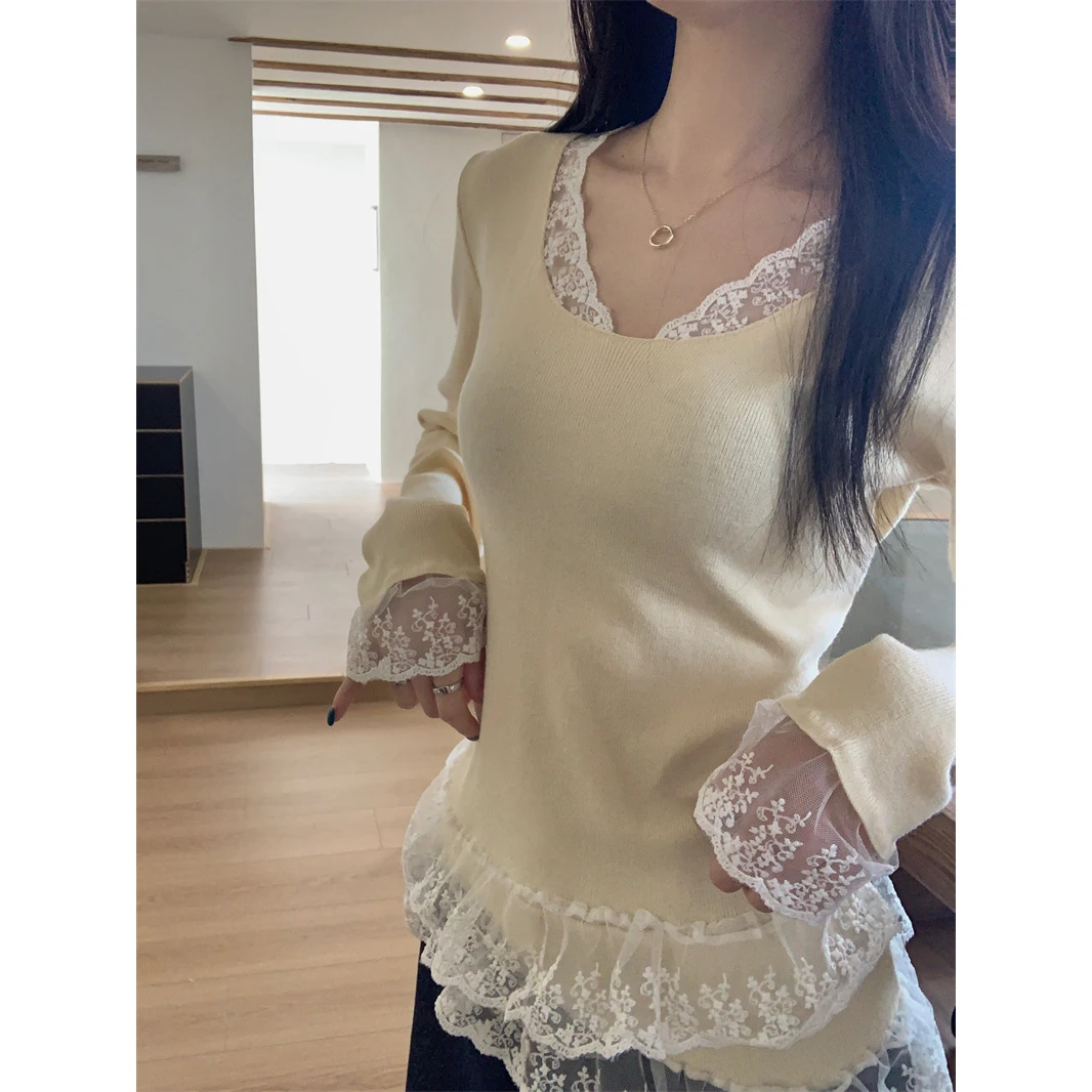 时尚芭蕾风蕾丝花边V领打底衫女春季小个子显瘦性感针织衫上衣女