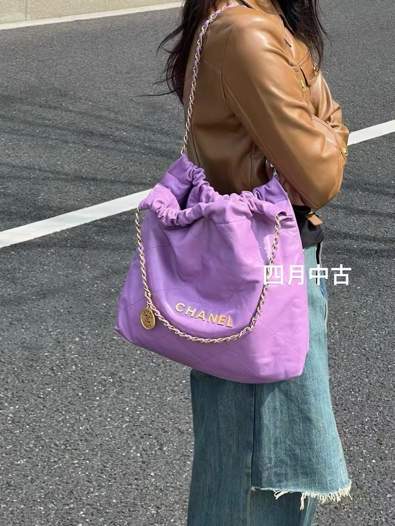 95新 Chanel/香奈儿 紫色垃圾袋22bag中号22年限定 芯片款
