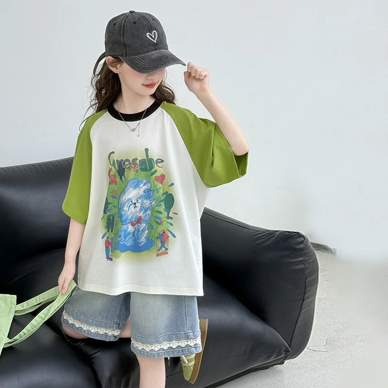 女童短袖套装夏季薄款中大儿童牛仔短裤两件套2025新款韩版休闲装